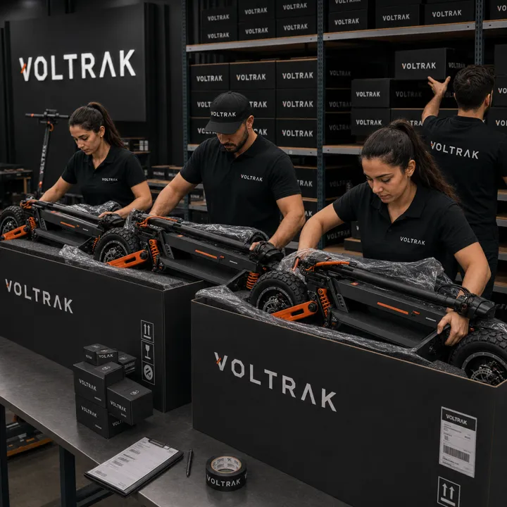 Equipe VOLTRAK embalando patinetes elétricos no centro de distribuição