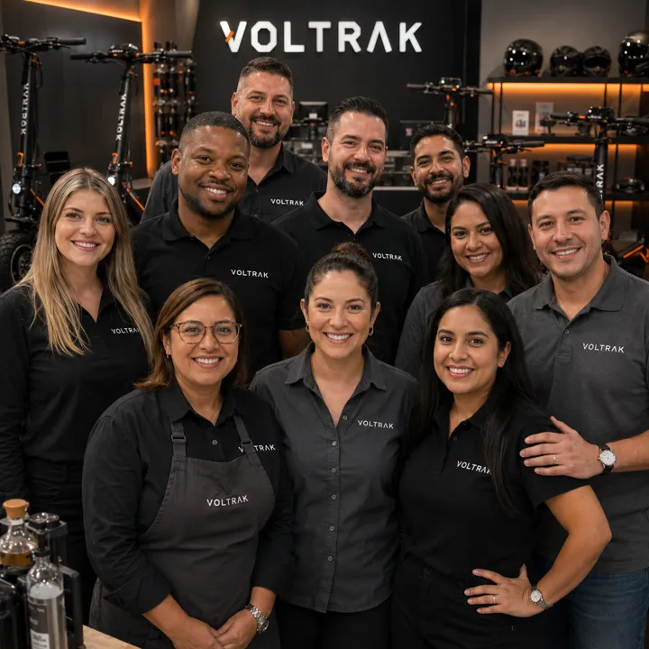 Equipe de atendimento da VOLTRAK reunida no showroom